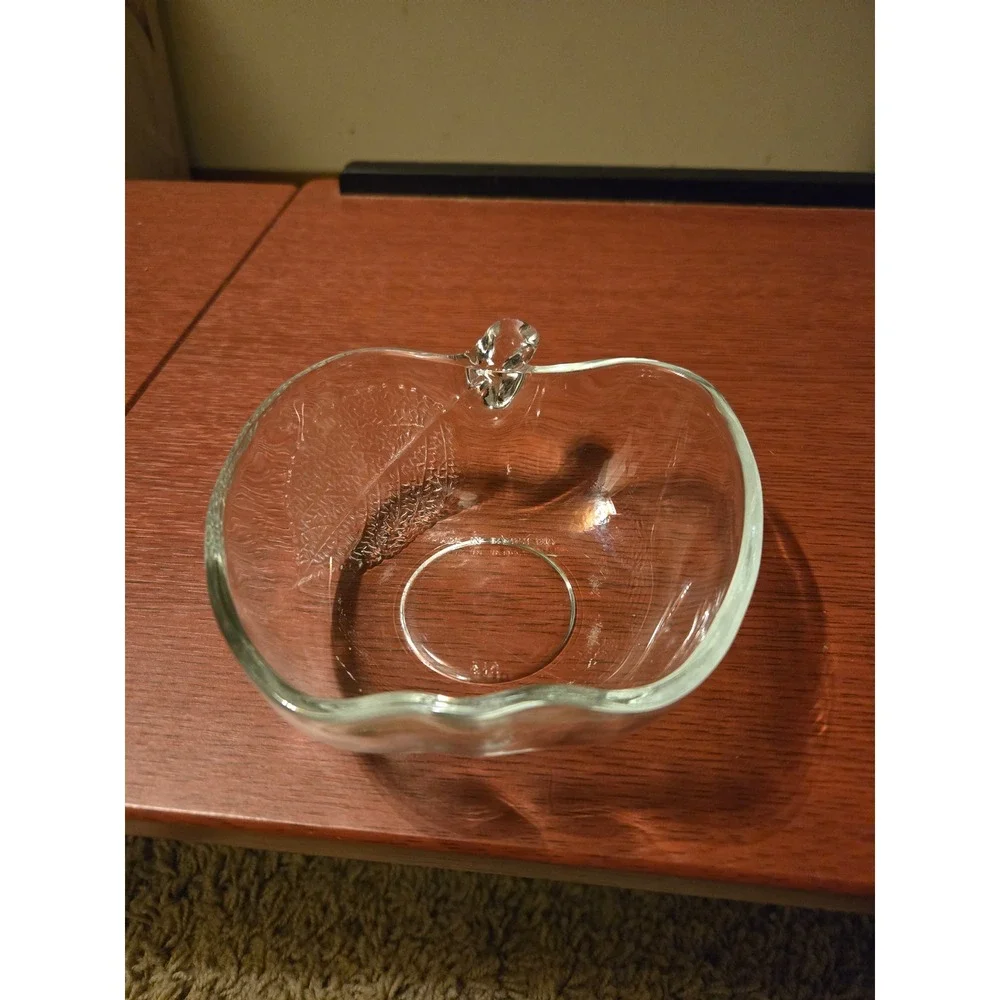 Vintage Clear Glass Apple Shaped Small Bowl with Embossed Leaf Design‎ Indonesia